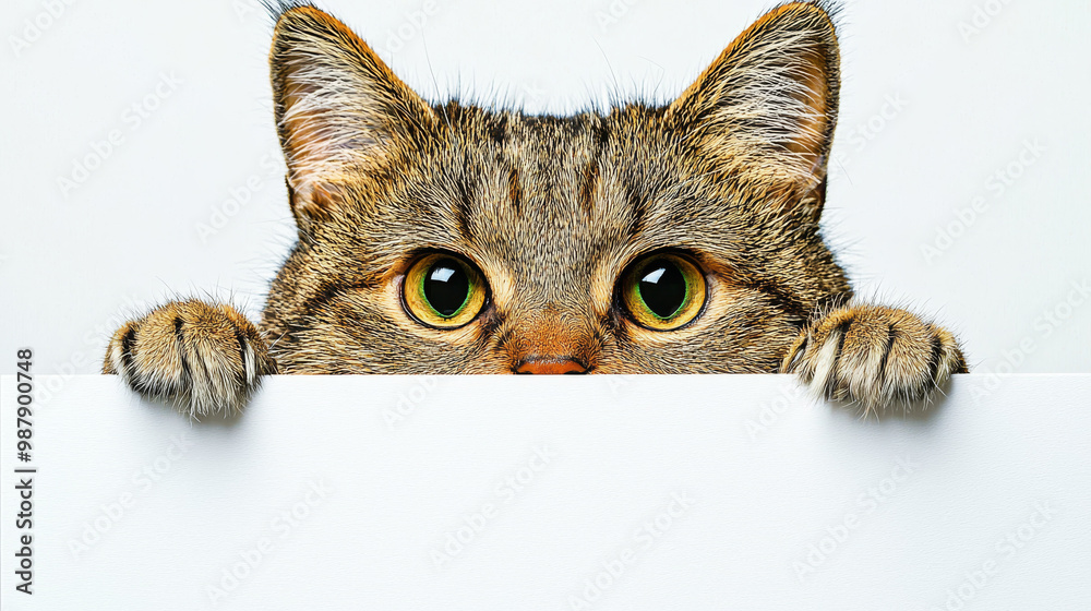 Wall mural Tabby cat peeking over white surface with intense green eyes.