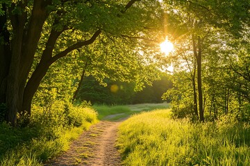 Sun shining through trees on a dirt path in a green meadow, nature background