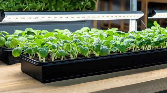 Under an LED light bar, a small table supports numerous seedlings in black pots, showcasing their growth in a well-lit indoor garden area.
