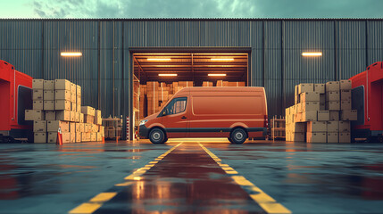 Outside of Logistics Warehouse with Open Door, Delivery Van Loaded with Cardboard Boxes. Truck Delivering Online Orders, Purchases, E-Commerce Goods, Wholesale Merchandise