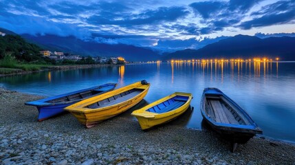 Three vibrant wooden boats rest on the shore of Shunehai, illuminated by a sunset glow against the backdrop of mountains and gentle waves reflecting the sky.