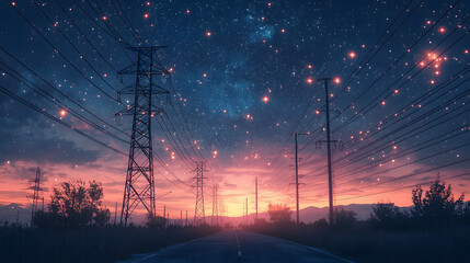 Overhead Electricity Transmission Lines with 3D Digital Visualization of Electricity. Epic Animation with Night Sky Full of Stars. Concept of Renewable Green Energy and Ecological Environment 