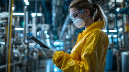 Portrait of a Female Worker Wearing Full-Body Protective Coveralls, Mask and Goggles at a Biotechnology Manufacturing Plant. Young Specialist Using a Tablet Computer, Overlooking Nanotech 