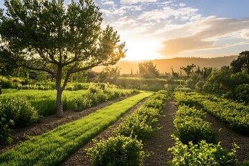 Naklejka premium Sunset over a field of green plants in a rural garden