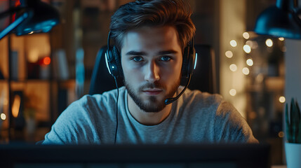 Obraz premium Serious Young Caucasian Man with Headset, Successful Manager of Call Center Sits in Office, Uses Computer, Talking on Video Conference with Client or Employee. Helpline Concept 