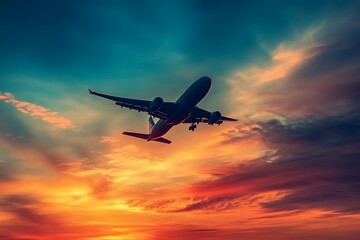 Obraz premium Silhouette of a Plane Taking Off at Sunset