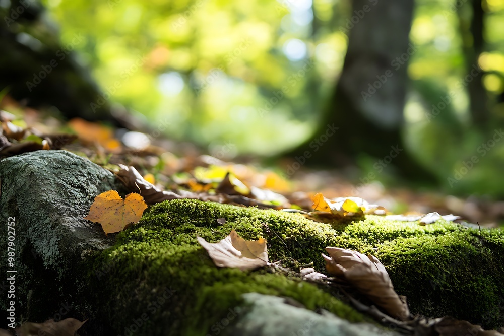 Canvas Prints Close up of mossy ground with fallen leaves in forest with shallow depth of field