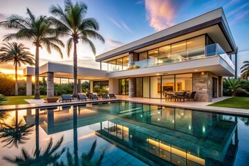 Fototapeta premium Luxurious Modern House Exterior with Minimalist Design and Large Outdoor Entertainment Area