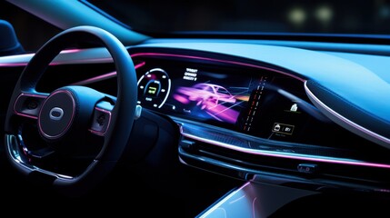 A close-up shot of a futuristic car's digital dashboard featuring sleek controls and a vibrant display, showcasing advanced automotive technology.