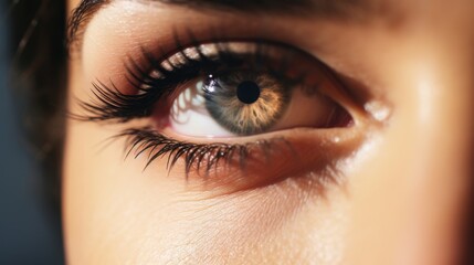 Obraz premium A close-up of a woman's eye reflecting a world of possibilities, with intricate details and natural beauty capturing focus and introspection.