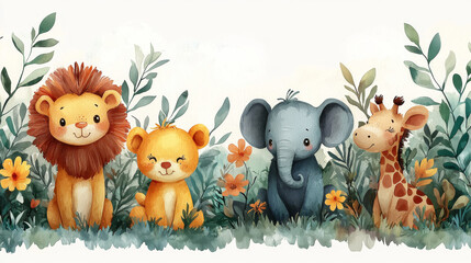Naklejka premium Cute cartoon lion, bear, elephant, and giraffe in a jungle setting.