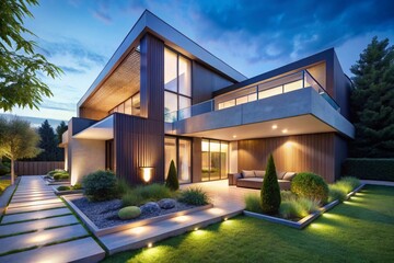 Luxurious Modern House Exterior with Minimalist Design and Large Outdoor Entertainment Area