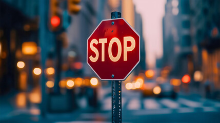 Red stop sign on a city street serving as a clear traffic danger warning to vehicles caution and safety, enforcing road laws to halt movement, ensuring safety attention in urban transportation