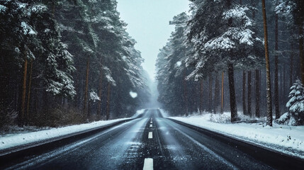 Snow-covered road through a winter forest, surrounded by frosty pine trees and frozen landscape, creating a scenic adventure for travelers driving through icy, rural highways in cold, snowy weather