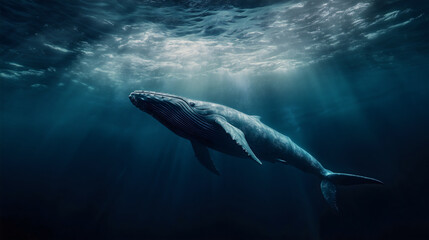 Fototapeta premium humpback whale swims in blue ocean underwater with marine mammal aquatic dive whale ocean swimming aquatic dive marine mammal wildlife nature