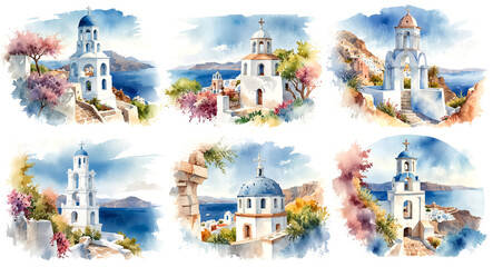 Watercolor Santorini Island landscapes set isolated on white background. Greece summer island landscape. Ideal for card, invitation, banners, posters.