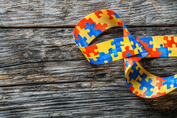 World Autism awareness and pride day or month with Puzzle pattern ribbon on wooden background.