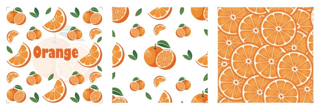 Set of Seamless pattern with cute tropical fruit orange. Cute summer background for fabrics, decorative paper, textile print. Templates for celebration, ads, branding, banner, cover, label, poster.