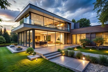 Luxurious Modern House Exterior with Minimalist Design and Large Outdoor Entertainment Area