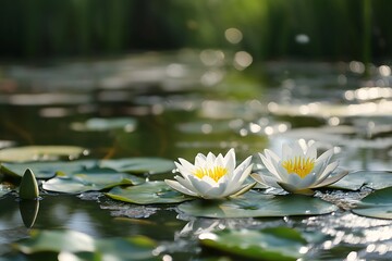 Two white water lilies blooming on a pond with green lily pads, nature background