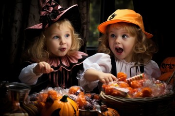 Children with Candy Baskets After Trick-or-Treating on Halloween