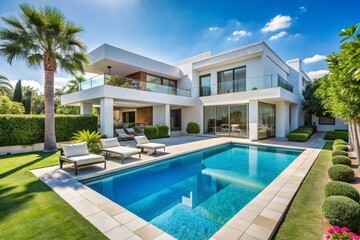 Fototapeta premium Luxurious Modern House Exterior with Minimalist Design and Large Outdoor Entertainment Area