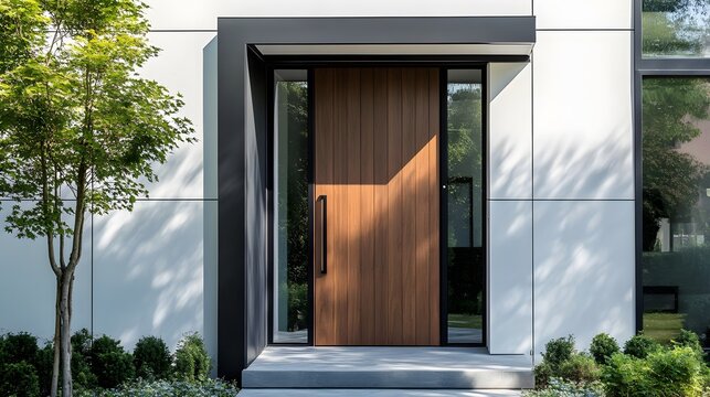 Modern entrance, simple wooden front door, simple white house facade with brown natural wood door