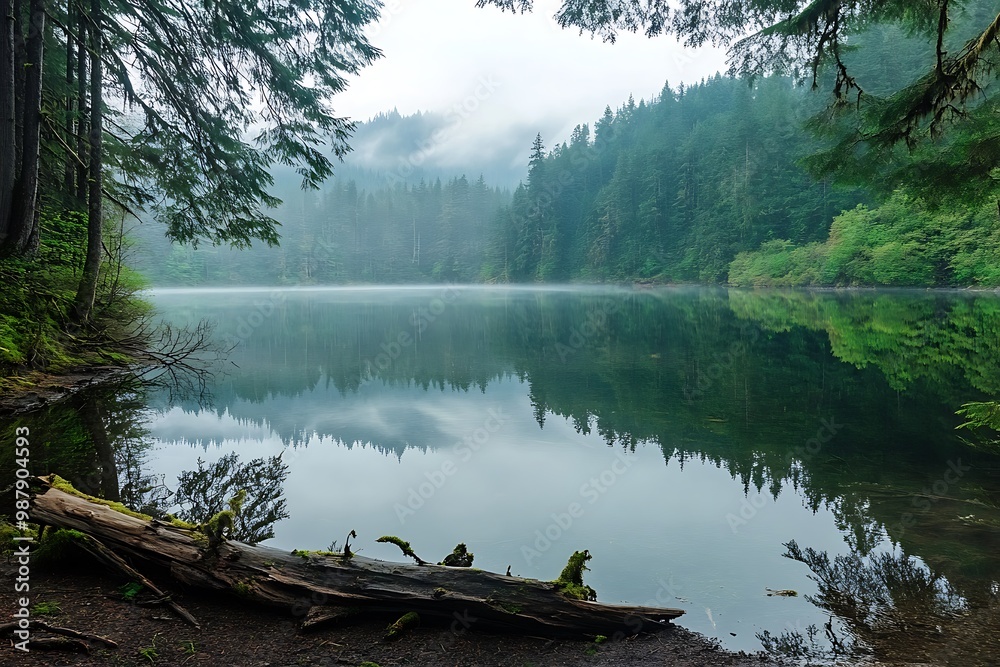 Poster Misty morning at a serene lake in a lush forest