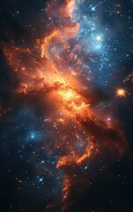 A colorful galaxy with a bright orange star in the center. The stars are scattered throughout the image, with some closer to the foreground and others further away. Scene is one of wonder and awe
