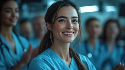 Obraz premium A smiling doctor, surrounded by colleagues in scrubs and lab coats, emits professionalism and warmth in a healthcare setting.