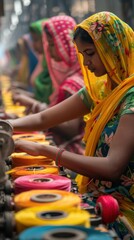 Obraz premium A woman is working on a machine that is making yarn. The yarn is in different colors and the woman is wearing a yellow scarf