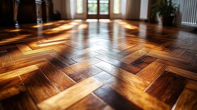 Premium oiled oak parquet floor in a luxury home, with sunlight shining through the window