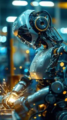 Fototapeta premium A robot is working in a factory. The robot is wearing a helmet and has a metallic appearance. The robot is surrounded by sparks and debris, indicating that it is working with machinery