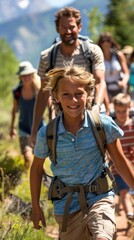 Fototapeta premium A young boy is running with his family on a trail. He is smiling and wearing a blue shirt and backpack