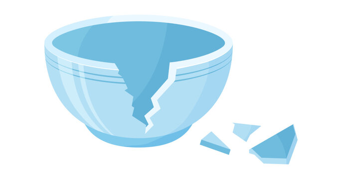 Ceramic broken bowl, empty clay plate crack, cartoon dish shattered. Porcelain jar break to pieces. Blue pot cracked. Tableware vector illustration isolated on white background