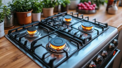 A stove with four burners and a pot of flowers on the counter. The stove is lit and the flowers are in a vase