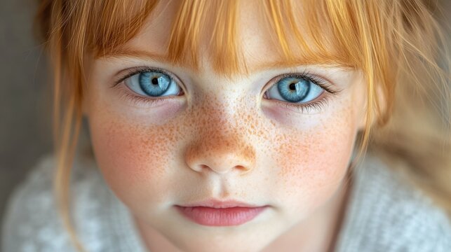 A young girl with blue eyes and red hair. She has a freckled nose and a freckled face