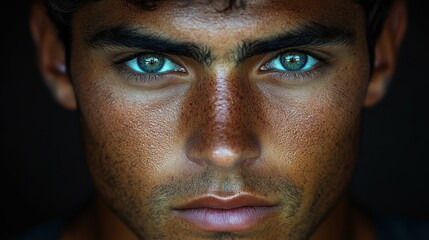 A man with a beard and blue eyes. The man has a blue eye shadow on his left eye