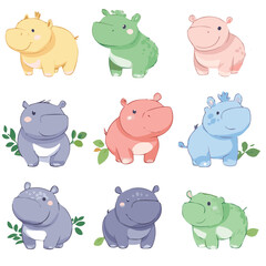 illustrations set of abstract Kawaii Hippo