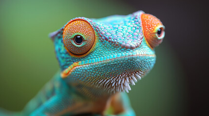 Fototapeta premium Close-up of a vibrant blue chameleon with bright orange eyes.