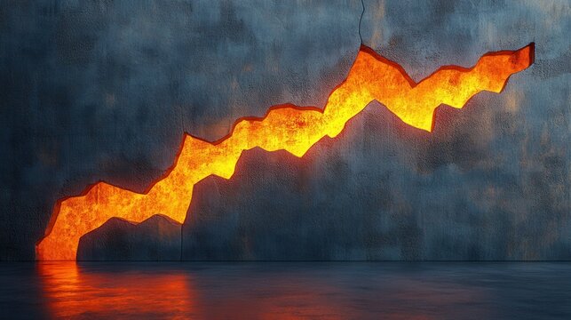 A large crack in a wall with a fire burning through it. The fire is orange and the crack is deep