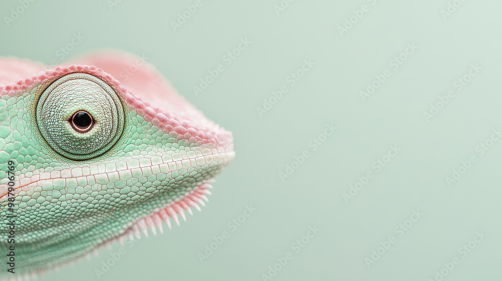 Wall mural close-up of a chameleon's eye with a soft green background.