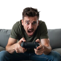 Close-Up of Tense Gamer Leaning Back, Gripping Controller with Fearful Expression Isolated on White Background