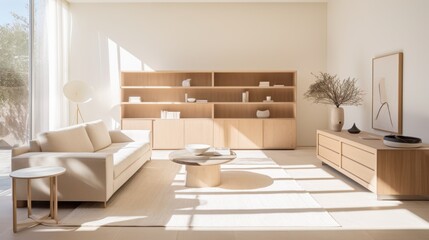 A sunlit modern living room showcases minimalist furniture and airy design, creating an inviting and serene atmosphere with plenty of natural light and soft hues.