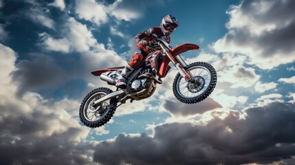 A thrilling moment captured as a motocross rider in red gear soars against a dramatic, cloud-filled sky, epitomizing the excitement and adrenaline of extreme sports.