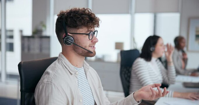 Call center, discussion and man with headset in office for customer service, online advice or telemarketing. Help, contact us and male consultant for communication, assistance or tech support