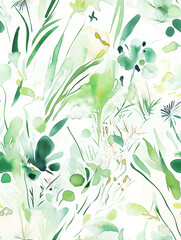 Seamless watercolor floral pattern with green leaves and plants on white background