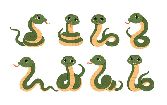 Set of cute green snakes in various poses. Reptile collection. Poisonous animal. Wildlife. Smiling kawaii character. Cartoon style. Flat vector illustration isolated on white background.