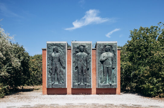 Budapest, Hungary - August 10, 2024: Bela Kun, Jeno Landler and Tibor Szamuely Memorial, sculptors Olcsai-Kiss Zoltan, Herczeg Klara, Farkas Aladar, 1967. Memento Park