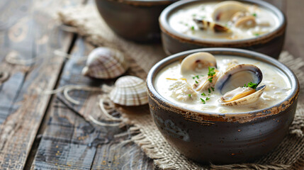 Comforting bowls of clam chowder. Set against a rustic burlap table runner. with space for text 